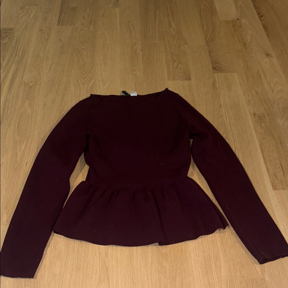 Divided Burgundy Long-Sleeve Peplum Sweater - Large
